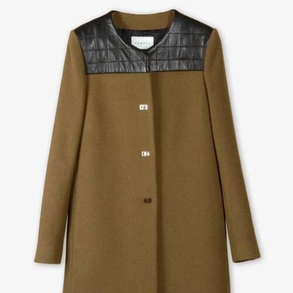 Sandro | Brown Mid-length Wool Coat with Leather Detail on Shoulders. - Picture 1 of 5